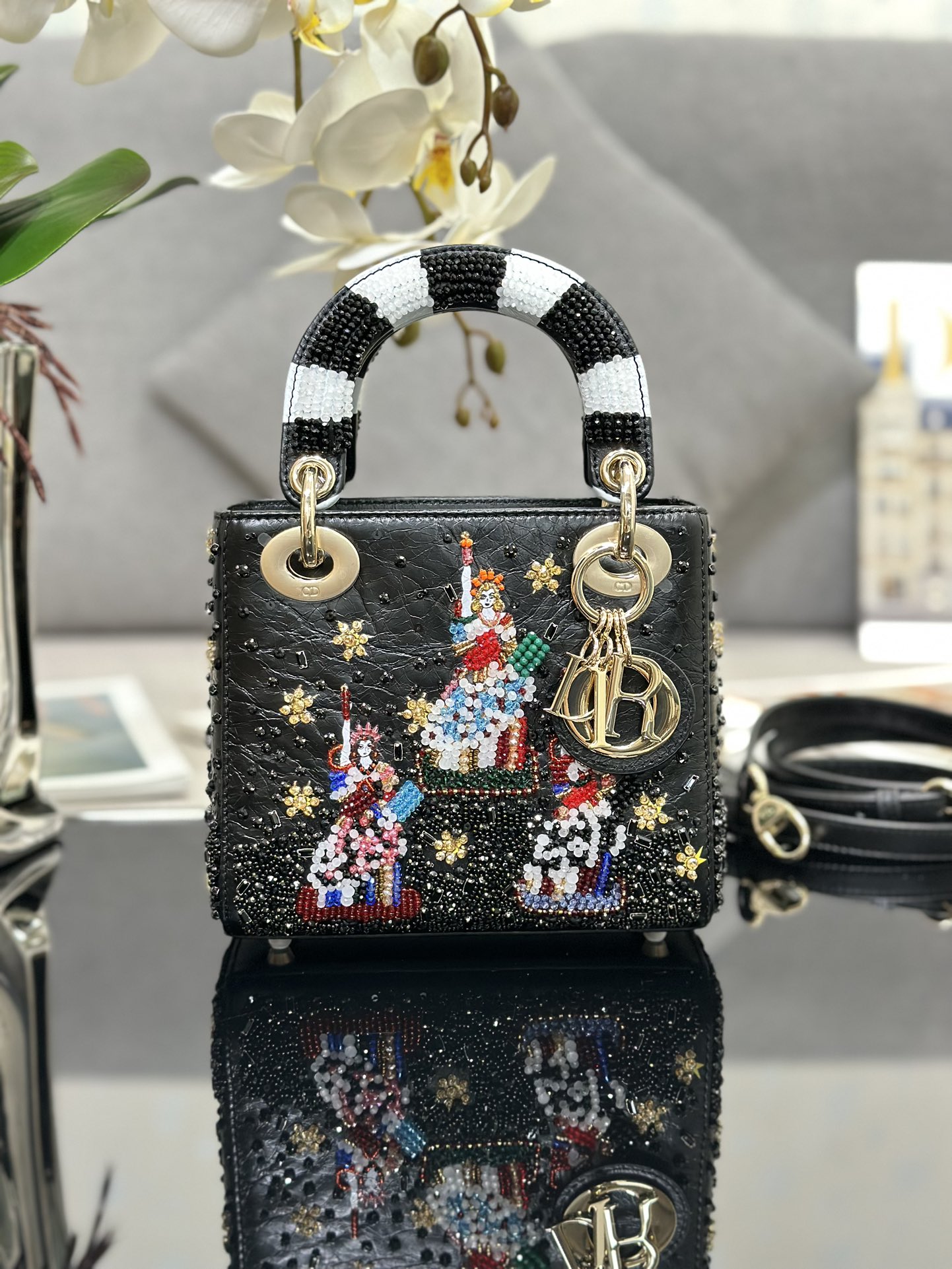 Mini Lady Dior Bag Black Calfskin Lady Liberty Embroidered with Paint Beads